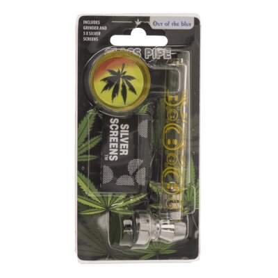 Glaspfeife mit Metallkopf, inkl. Grinder & Siebe...