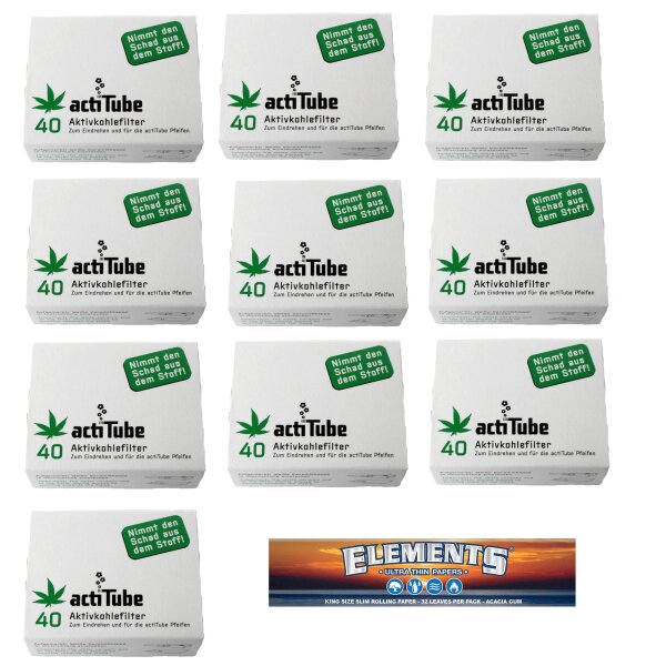 10x actiTube Aktivkohlefilter 8 mm 40 Stk + Elements Slim Long Paper