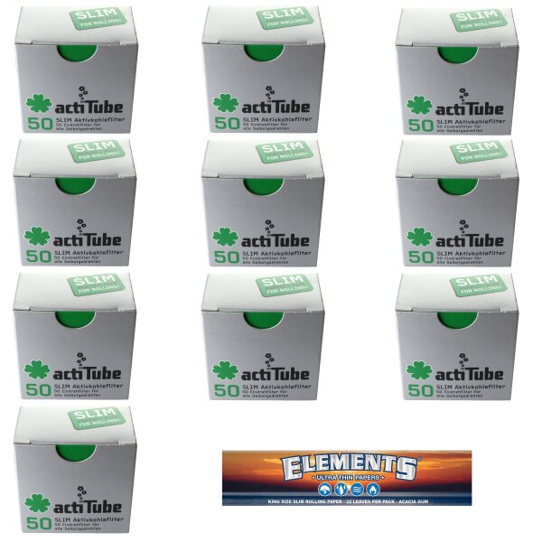 10x actiTube Slim Aktivkohlefilter 7mm 50 Stk + Elements Slim Long Paper