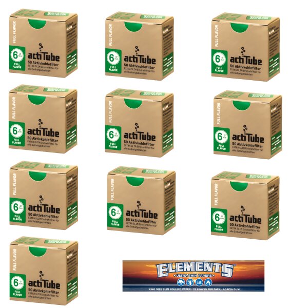 10x actiTube 6mm 50St Extra Slim Aktivkohlefilter + Elements Slim Long Paper