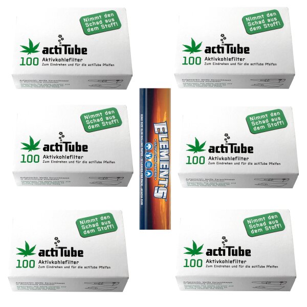 6x actiTube Aktivkohlefilter 8mm 100 St + Elements Slim Long Paper
