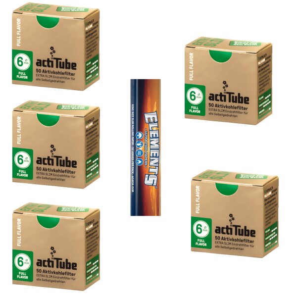 5x actiTube 6mm 50St Extra Slim Aktivkohlefilter + Elements Slim Long Paper