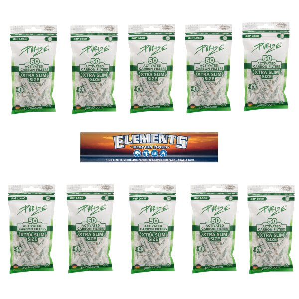 10x Purize Slim 6mm Aktivkohlefilter 50 Stk Weiss + Elements Slim Long Paper