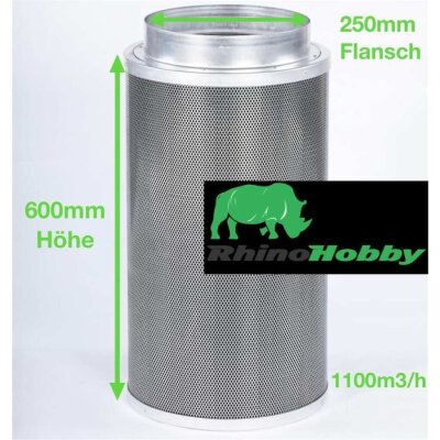 Rhino Hobby Aktivkohlefilter 250mm 1100m³/h – Großanlagen-Geruchsfilter Grow